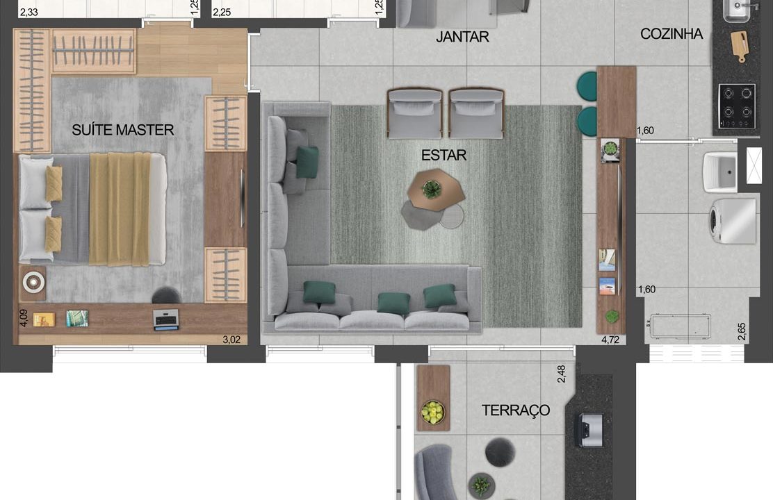 4 PLANTA DO APTO. DE 1 SUÍTE OPÇÃO 66 M² PRIVATIVOS COM LIVING AMPLIADO E SUGESTÃO DE DECORAÇÃO - FINAL 5