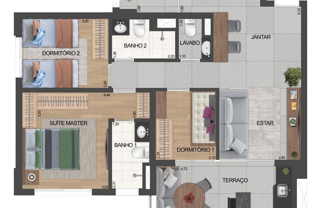 5 PLANTA DO APTO. DE 1 SUÍTE E 2 DORMS. TIPO 81 M² PRIVATIVOS COM SUGESTÃO DE DECORAÇÃO - FINAL 2