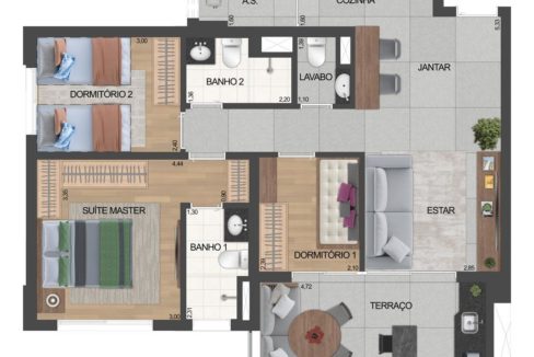 5 PLANTA DO APTO. DE 1 SUÍTE E 2 DORMS. TIPO 81 M² PRIVATIVOS COM SUGESTÃO DE DECORAÇÃO - FINAL 2