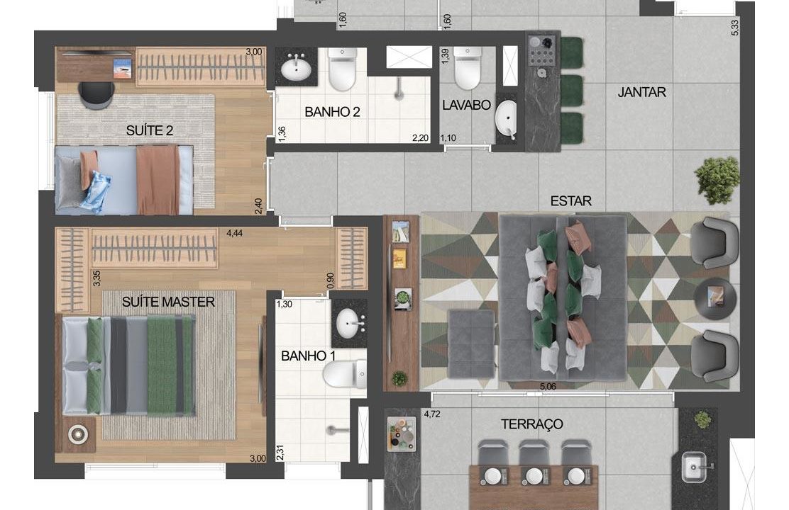 6 PLANTA DO APTO. DE 2 SUÍTES OPÇÃO 81 M² PRIVATIVOS COM LIVING AMPLIADO E SUGESTÃO DE DECORAÇÃO - FINAL 2