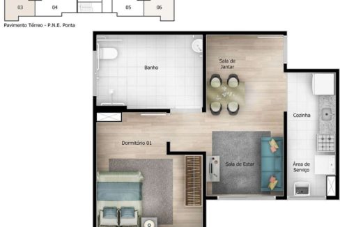 Opção 1 - Planta (PNE) de 1 Dormitório 42m² do Viva Marajoara