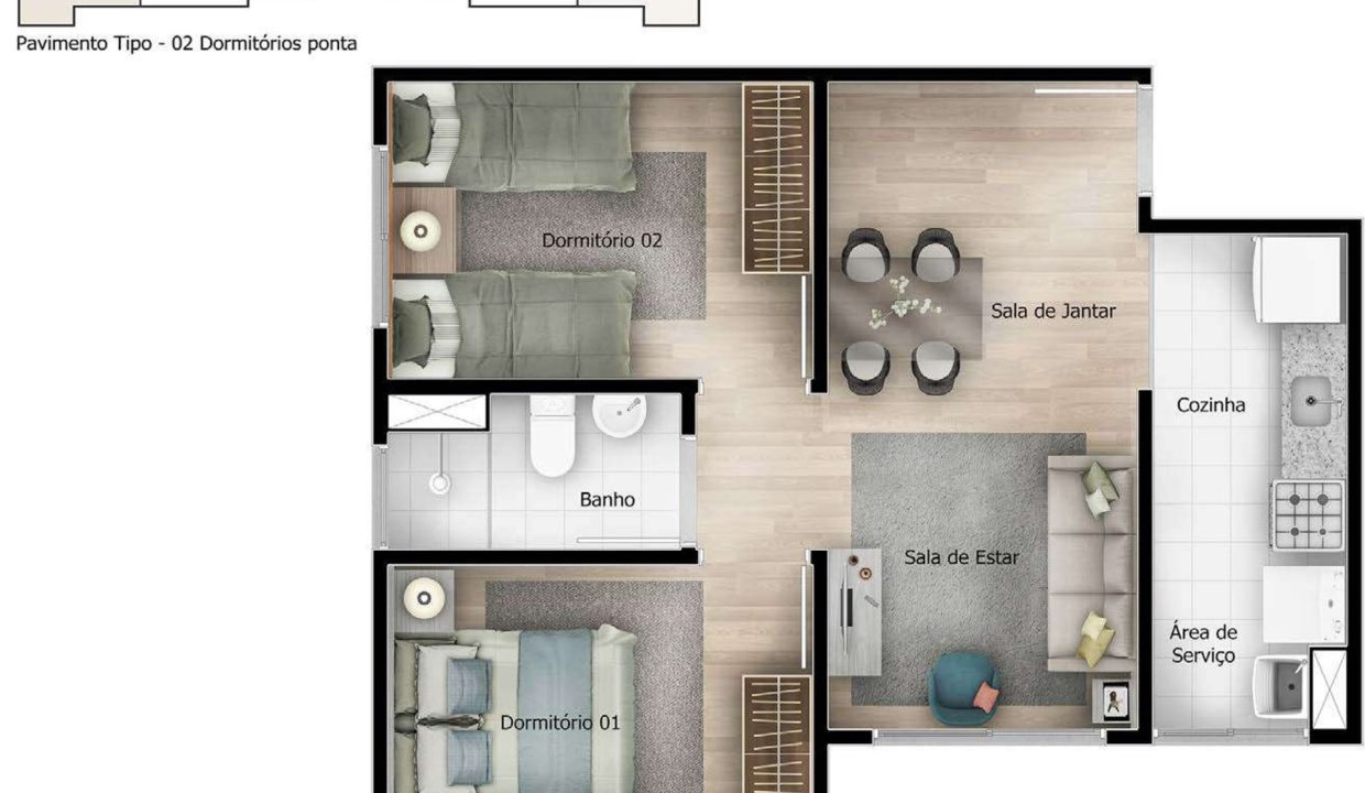 Opção 3 - Planta de 2 Dormitório 42m² do Viva Marajoara