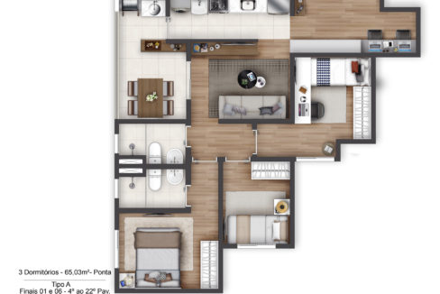 Planta Opção 1 - Apartamento de 65m² do TERRAÇO Vila Matilde