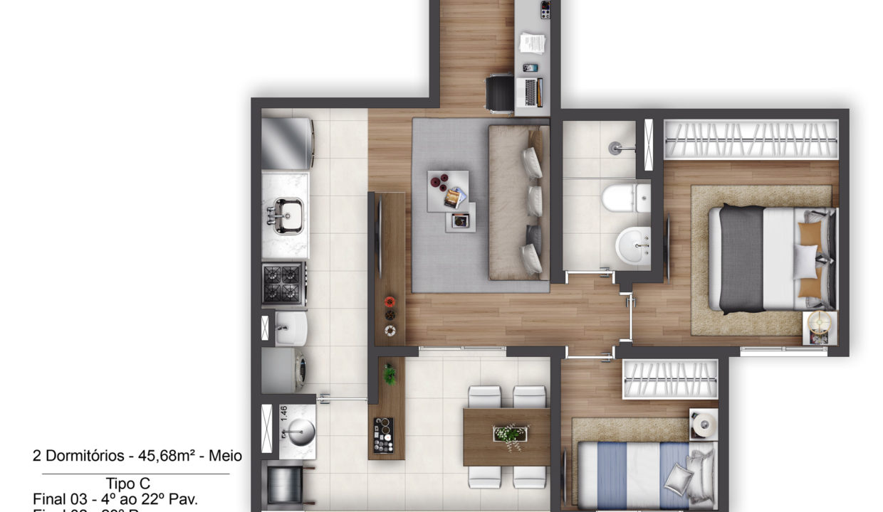 Planta Opção 3 - Apartamento de 45m² do TERRAÇO Vila Matilde