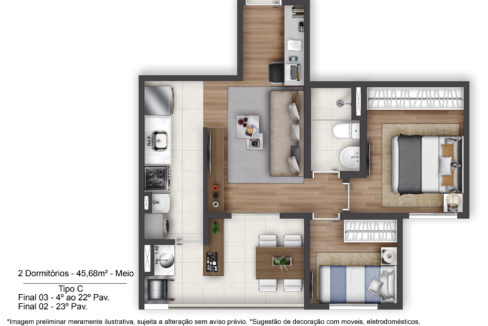 Planta Opção 3 - Apartamento de 45m² do TERRAÇO Vila Matilde