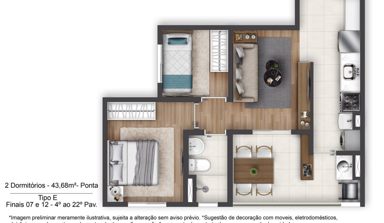 Planta Opção 5 - Apartamento de 43m² do TERRAÇO Vila Matilde