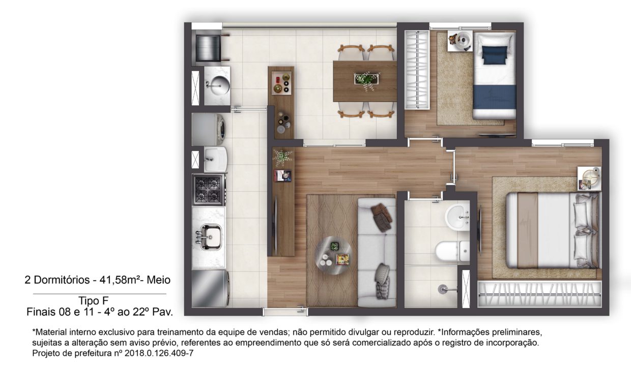 Planta Opção 6 - Apartamento de 41m² do TERRAÇO Vila Matilde