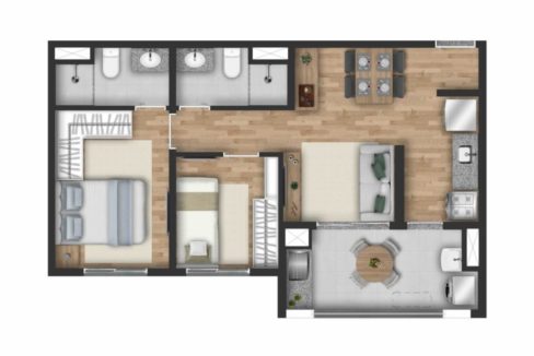 Planta do Apartamento de 2 Dormitórios com Suíte e Terraço Gourmet com Churrasqueira (Opção 2) - BIOS Veleiros